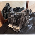 Dark grey vintage washed denim crossbody bag with multiple utility pockets - Black