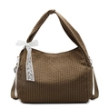 Sac fourre-tout à carreaux marron avec nœud en dentelle blanche et bandoulière large - Kaki
