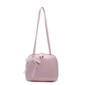 Pink PU leather shoulder bag featuring a white lace and pearl bow charm accessory - Pink + Pearl Lace Bow