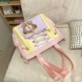 Rosa und lila Patchwork Canvas Tasche mit süßem Bären-Cartoon und breiten Tragegurten - Rosa - Ohne Anhänger