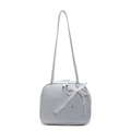 Light blue faux leather underarm bag with white lace bow and pearl pendant charm - Blue + Pearl Lace Bow
