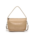 Schicke beige glänzende Kissen-Handtasche mit Griff und silbernem Kettenriemen - Khaki