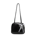 Glossy black PU leather shoulder bag featuring a white lace bow and pearl pendant - Black + Pearl Lace Bow