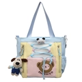 Sac fourre-tout kawaii en patchwork pastel avec pendentif chiot en peluche doux - Bleu Avec Charme de Chien Et Tête de Panda