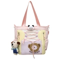 Sac cabas de dessin animé rose et jaune avec poche en filet et porte-clés en peluche - Rose Avec Charme de Chien Et Tête de Panda