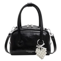 Elegant black glossy boston bag with heart pearl charm and detachable crossbody strap - Black With Heart Pendant