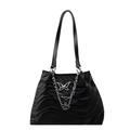 Black wavy texture tote bag with silver chain and butterfly logo for women - Wave Pattern Black
