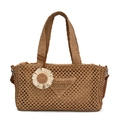 Handgewebte Sommer Stroh Handtasche in Dunkelbeige mit Dreieck und Sonnenblumenanhänger - Khaki