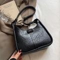 Minimalist black crescent shoulder bag with vintage crinkle leather texture for women - Black - Without Pendant