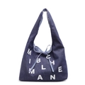 Sac fourre-tout en denim bleu foncé avec imprimés lettres et détails en ruban rayé - Bleu