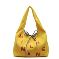 Yellow canvas tote bag with red letter print and black white striped ribbon bow - Yellow