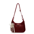 Retro burgundy underarm bag for women with lace pearl bow and gold brand logo detail - Wine Red With Charm