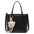 Chic black woven bucket bag for women with dual handles and a cute plush bear pendant - With Bear Pendant / Black