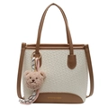 Chic woven tote bag in beige and brown leather with a cute bear charm accessory - With Bear Pendant / Off White