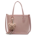 Pink woven texture bucket bag with crossbody strap and cute brown plush bear charm - With Bear Pendant / Pink
