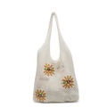 Borsa tote bianca in maglia traforata con ricamo di girasole e perle finte colorate - Bianco Sporco