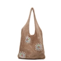 Borsa tote kaki all'uncinetto con margherite bianche applicate e perline colorate - Cachi
