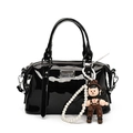 Retro black patent leather Boston bag with a pearl chain and cute cartoon pendant - Pearl Doll Pendant / Black
