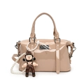 Minimalist nude patent leather Boston bag with shiny finish and pearl doll charm - Pearl Doll Pendant / Khaki