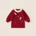 Robe en tricot rouge pour fille avec col à volants blancs et appliqué lapin mignon - 80 / Rouge