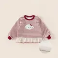 Sweat rouge rayé pour fille avec broderie chien et doublure polaire pour l'hiver - Rayures Rouge et Blanc / 80