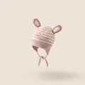 Pink and white striped baby knit earflap hat with 3D bunny ears and embroidery - One Size: Head Circumference 42-48cm / Pink
