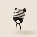 Cute panda striped knit baby hat with bear ears and chin straps for winter warmth - One Size: Head Circumference 42-48cm / Black