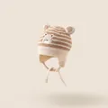 Striped baby knit earflap hat with bear ears and chin straps in beige and brown - One Size: Head Circumference 42-48cm / Beige