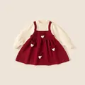 Mädchen Set aus rotem und weißem Strickkleid mit süßen 3D-Bärenkopf-Mustern - Rot / 90