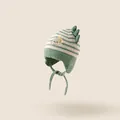 Green and white striped knitted baby earflap hat featuring cute dinosaur accents - One Size: Head Circumference 42-48cm / Green