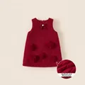 Red sleeveless padded dress for girls with floral accents and a bow for winter - 80 / Bottoms / Red