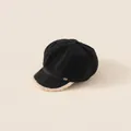 Classic black newsboy hat for kids with brown faux fur trim and gold metal R detail - One Size (Head Circumference 48-52cm) / Black