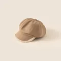 Brown suede kids beret hat with faux fur trim and octagonal shape for winter warmth - One Size (Head Circumference 48-52cm) / Khaki