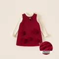 Girls red padded dress set with knitted base layer and floral embroidery details - 80 / Top And Bottom / Red