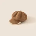 Vintage brown suede baker boy hat with beige faux fur trim and metal logo detail - One Size (Head Circumference 48-52cm) / Coffee