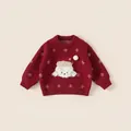 Red festive kids knit sweater featuring a white Christmas dog embroidery and snow patterns - 90 / Tops / Red