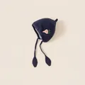 Dark blue knitted baby bonnet with tie straps and a cute pink strawberry crochet detail - One Size: Head Circumference 42-48cm / Navy Blue