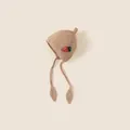 Light brown knitted baby earflap hat with strawberry crochet detail and soft chin ties - One Size: Head Circumference 42-48cm / Khaki