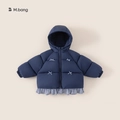 Giacca imbottita blu navy per bambina con fiocchi celesti e dettagli con bordo a quadri - Blu Notte / 80