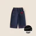 Children's thick fleece-lined denim pants in navy blue with red apple embroidery details - Dark Denim Blue / 90
