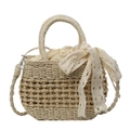 Borsa in paglia beige con catena dorata e fiocco in pizzo dal design elegante - Bianco Sporco