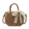 Borsa a mano in paglia bohémien con fiocco in pizzo e catena dorata marrone naturale - Cachi
