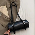 Minimalist black oil wax leather cylinder shoulder bag with glossy finish and silver buckles - Without Pendant / Black - Without Pendant