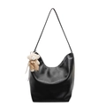 Minimalist black soft leather tote bag with a cute brown plush bear charm pendant - Black With Bear Charm