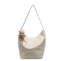Chic beige large capacity hobo tote bag in soft leather with cute bear charm - Off-white With Teddy Bear Pendant
