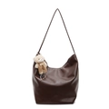 Minimalist large dark brown leather tote bag with a cute plush bear charm accessory - Coffee With Teddy Bear Pendant