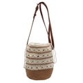 Borsa a secchiello intrecciata bohémien crema e marrone con coulisse e tracolla lunga - Patchwork Bianco e Cachi