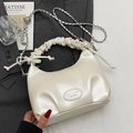 Chic pleated milk white shoulder bag with silver chain strap and cloud top handle - Off-white - No Pendant