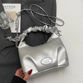 Silver hobo bag with pleated handle and metal chain strap for a modern style - Silver - No Charm