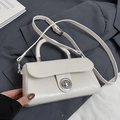 Elegant cream white PU leather square handbag with polished silver metal rotary lock - White without Pendant